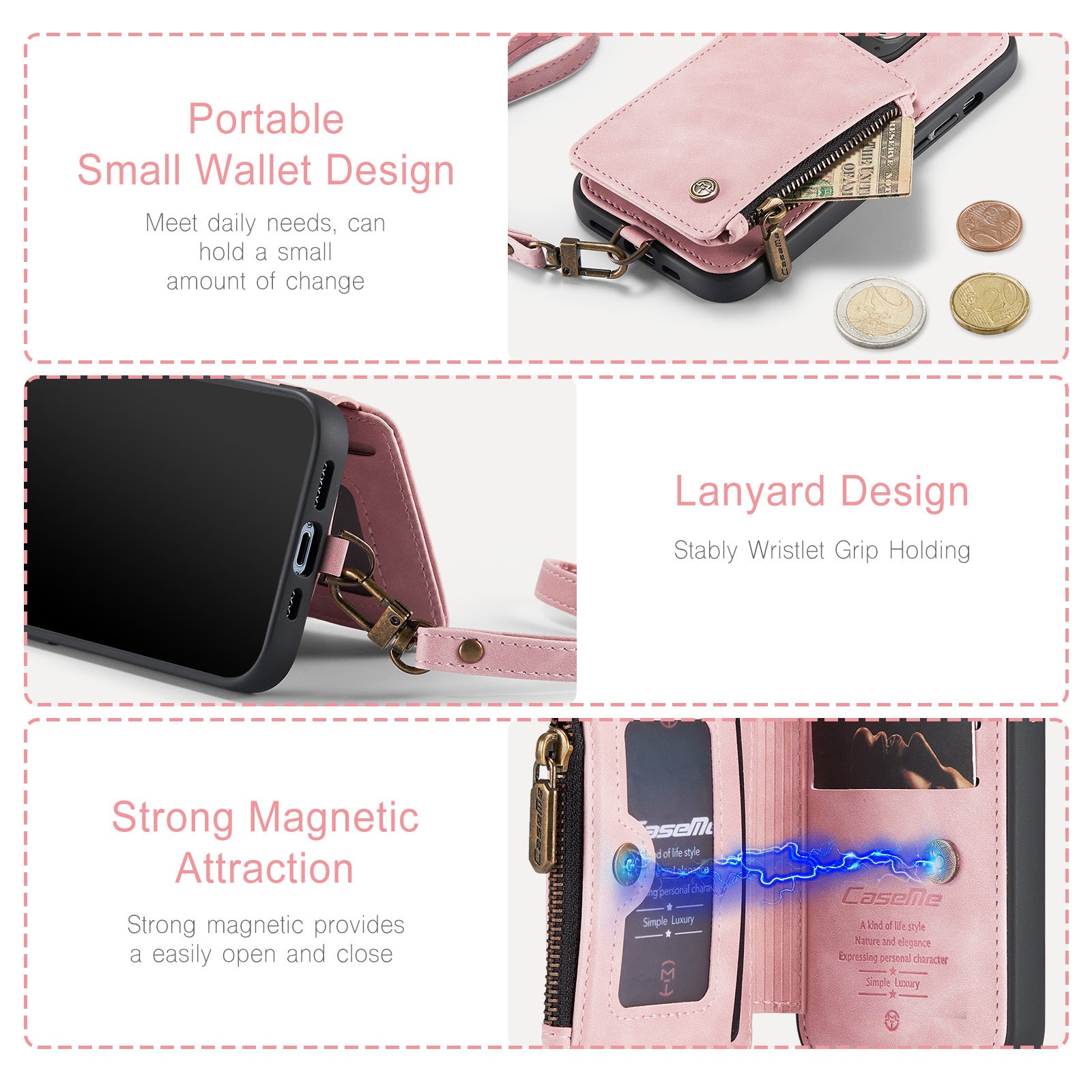 CASEME C20 Series for iPhone 13 Pro 6.1 inch RFID Blocking Zipper Pocket Wallet Case PU Leather Coated TPU Kickstand Protective Phone Cover with Strap CASEME C20 Series for iPhone 13 Pro 6.1 inch RFID Blocking Zipper Pocket Wallet Case PU Leather Coated TPU Kickstand Protective Phone Cover with Strap